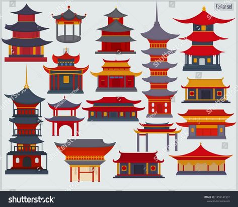 A set of Chinese buildings and temples in the traditional style on a light gray background #Ad , #SPONSORED, #buildings#temples#set#Chinese Chinese Architecture Traditional, Chinese Buildings, Temple Drawing, Chinese Pagoda, Light Gray Background, Chinese House, Japanese Shrine, Chinese Temple, Building Drawing