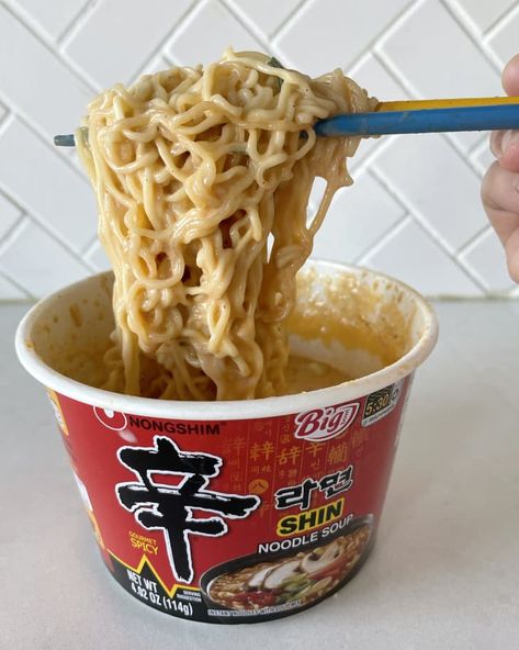 TikTok Brie Shin Ramyun Recipe Review | Kitchn Creamy Shin Ramyun, Shin Ramyun Hack, Shin Ramen Hacks, Shin Ramyun, Ramen Hacks, Easy Ramen, Spicy Ramen, Spicy Seasoning, Spicy Noodles