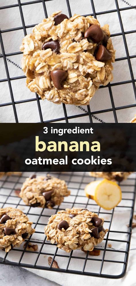 Soft ‘n moist banana oatmeal cookies made with just 3 ingredients, these cookies are healthy, easy to make, and packed with your favorite add-ins! The best 3 ingredient banana oatmeal cookies. | Recipe at BeamingBaker.com 3 Ingredient Banana Cookies, Healthy Banana Oatmeal Cookies, Healthy Oat Cookies, Banana Oatmeal Recipe, Banana Oatmeal Cookies Healthy, Banana Cookies Healthy, Healthy Banana Oatmeal, Banana Recipes Easy, Banana Cookie Recipe