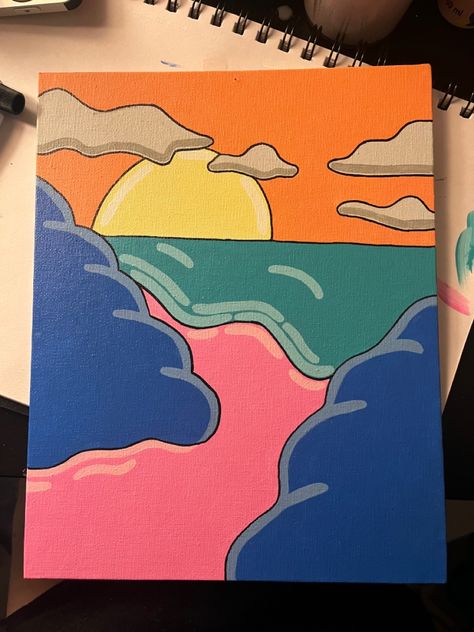 sunset painting with bright colors, outlined in sharpie Painting Ideas On Canvas Bright Colors, Colorful Drawing Ideas Easy, Sunset Simple Painting, Painting With A Twist Ideas Easy, Easy Paint Pen Art, Simple Posca Art, Rainbow Painting Canvases, Big Canvas Painting Ideas Easy, Easy Marker Art Simple