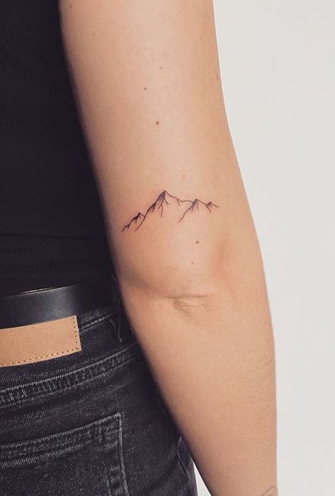 Mountain Tattoo With Shading, Mountain Back Of Arm Tattoo, Stay Wild Mountain Tattoo, Outside Tattoo Ideas, Mountain Tattoo On Back Of Arm, Mountain Tattoos For Women Forearm, Mountain Tattoo Side Ribs, Banff Mountain Tattoo, Denver Colorado Tattoo Ideas