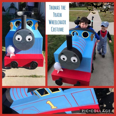 Photo of a handmade cardboard costume crafted to look like Thomas the Train. Made to fit over a wheelchair. Two boys are dressed as train conductors as they went door to door collecting candy. Diy Customes Halloween, Thomas Costume, Thomas The Train Costume, Train Costume, Wheelchair Costumes, Kids Wagon, Costume Works, Homemade Halloween Costumes, Homemade Costumes