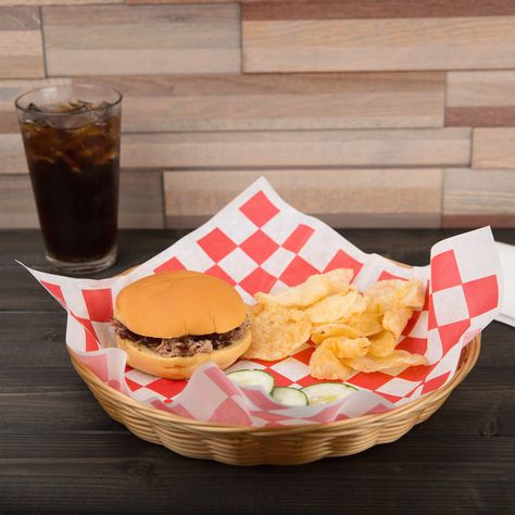 This round basket has a wicker-look design, and is made of a natural color polypropylene for easy cleaning. Perfect for sandwich combo platters, chicken fingers and french fries, and more, use this basket to serve guests their favorite meals in your diner, restaurant or pub.<br><br> <b><u>Overall Dimensions:</b></u><br> Top Diameter: 11"<br> Height: 1 1/2" Basket Party Ideas, Restaurant Bread, Bread Baskets, Diner Restaurant, Food Basket, Barbecue Party, Chicken Fingers, Favorite Meals, Round Basket