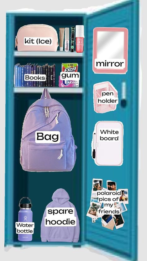 Locker Decorating Ideas School, Things For Your Locker, Locker Must Haves School, Y2k Locker Ideas, Stuff To Put In Ur Locker, Cute School Lockers, What To Keep In Locker, What To Put In Your School Bag Grade 6, What To Put In Ur Locker