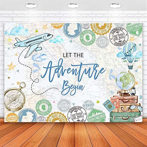 World Map Travel, Travel Party Theme, Party Photo Backdrop, Let The Adventure Begin, Fiesta Baby Shower, Travel Theme, Birthday Party Banner, Travel Party, Theme Birthday