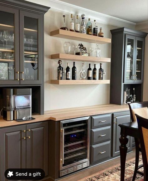 Modern Kitchen Buffet Cabinet, Wine Bar Built In Cabinets, Kitchen Cabinet Different Depth, Kitchen Buffet Area, Bar Wall With Shelves, Modern Farmhouse Shaker Cabinets, Pantry Buffet Cabinet, Bar Coffee Area In Kitchen, Kitchen Cabinets In Dining Area