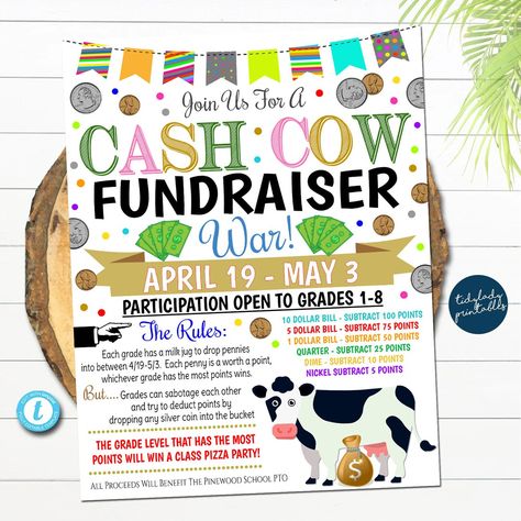 EDITABLE Cash Cow Fundraiser Flyer Dollar Wars Printable - Etsy Fundraiser Ideas School, Pta Organization, School Fundraising Events, Organization Business, Unique Fundraisers, Pta Fundraising, Easy Fundraisers, Fun Fundraisers, Fundraiser Event