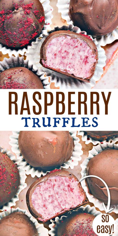 These Raspberry Truffles have a creamy, gorgeous center and a crunchy dark chocolate shell for a delicious - and no-bake - dessert that's sure to impress! Chocolate Cherry Truffles Recipe, No Bake Christmas Candy Recipes, Candies To Make For Christmas, Raspberry Truffles Easy, Sugar Cookie Truffles Recipe, Chocolate Truffles Christmas, Dessert Trays Presentation, Truffles That Dont Need Refrigeration, Cool Whip Truffles