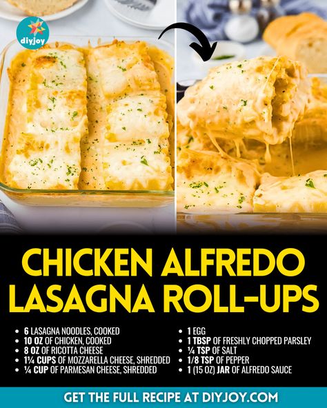 Alfredo Lasagna Roll Ups, Chicken Lasagna Roll Ups, Easy Chicken Alfredo, Chicken Lasagna Rolls, Easy Homemade Lasagna, Bacon Chili, Chicken Alfredo Lasagna, Alfredo Lasagna, Lasagna Roll Ups