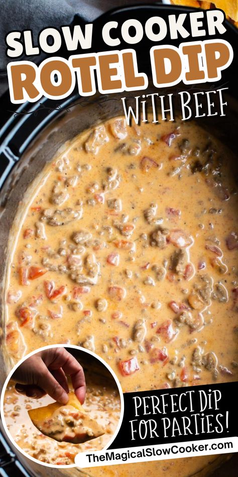 Make Rotel Dip in your slow cooker with Velveeta, ground beef and 2 cans of Rotel Tomatoes. Perfect dip for parties and gameday. - The Magical Slow Cooker Party Snacks Crockpot, Hissy Fit Dip Crockpot, Rotel Bean Dip, Velveeta Dip With Ground Beef, Rotel Dip In Crock Pot, Queso With Velveeta And Rotel, Easy Crockpot Queso Dip Velveeta, Game Day Queso Crock Pot, Velvets And Rotel Dip