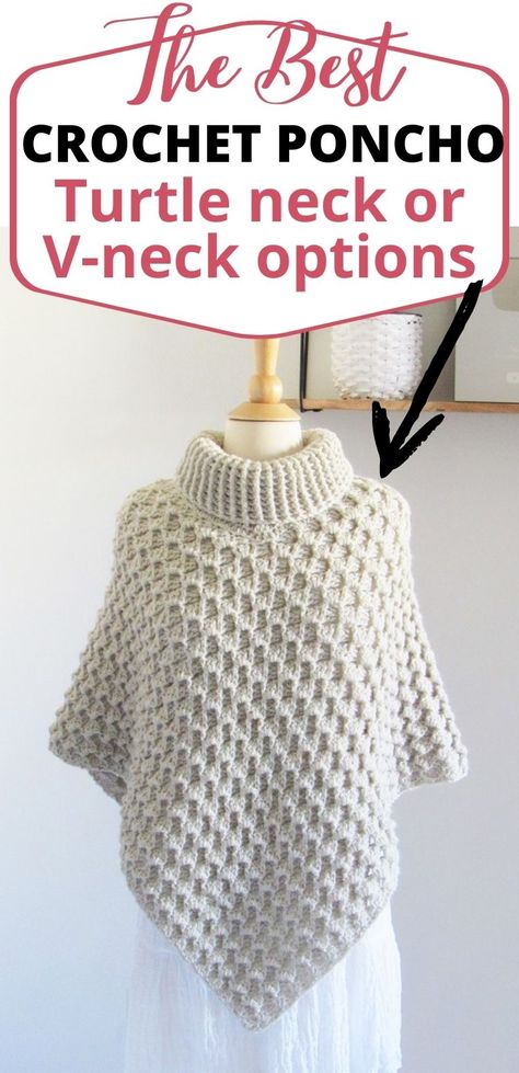 Try this free crochet turtleneck poncho pattern that also includes a V-neck option for those who don't like a high neck. This easy beginner friendly poncho with sleeves will delight any woman and also includes plus sizes. It is the perfect poncho sweater for fall. Crochet Cowl Neck Poncho| Crochet Poncho With Sleeves. Crochet Poncho With Sleeves, Crochet Poncho Patterns Easy, Col Crochet, Poncho Au Crochet, Crochet Poncho Free Pattern, Poncho Crochet, Turtleneck Poncho, Crochet Poncho Patterns, Crochet Shawls And Wraps