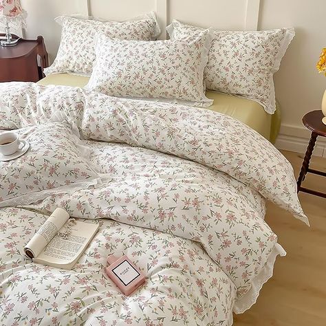 Boho Floral Duvet Cover Queen Ruffle Lace Style Floral Bedding Sets 100% Cotton Pink Flower Duvet Cover Girls Princess Lace Comforter Cover Pink Green Floral Queen Duvet Cover with 2 Pillowcases Flora Bedding, Lace Bedding Set, Bedding Pink, Purple Duvet Cover, Flower Duvet Cover, Floral Bedspread, Floral Comforter Sets, Room Vibes, Duvet Cover Queen