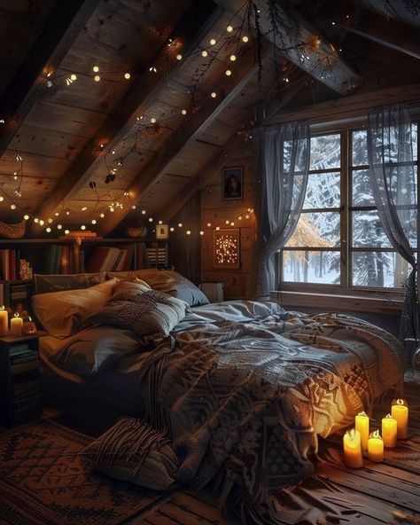 Comfy Cabin Bedroom, Comfy Bed Aesthetic Dark, Cozy Room Ideas Aesthetic Dark, Rustic Loft Bedroom Ideas, Dark Cabin Bedroom, Small Room Inspo Aesthetic Cozy, Winter Cabin Bedroom, Dark Cozy Room, Slanted Roof Bedroom