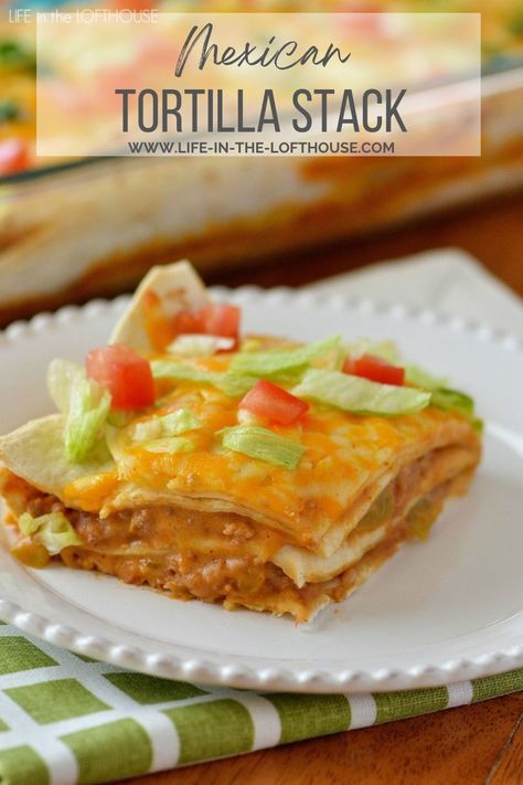 Mexican Tortilla Stack is filled with ground turkey, green chilies, enchilada sauce and loads of cheese, stacked between flour tortillas. It is yummy and definitely a family favorite of ours! Hamburger Meat Tortilla Recipes, Meals With Flour Tortillas, Mexican Casserole With Flour Tortillas, Flour Tortilla Casserole Recipes, Tortilla Stack, Tortilla Casserole Recipes, Christmas Supper, Tortilla Recipes, Corn Tortilla Recipes