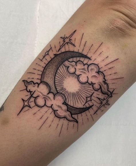 Moon And Stars Half Sleeve Tattoo, Sun Moon And Stars Tattoo For Men, Small Tattoos For Black Skin, Cloud And Moon Tattoo, Moon Tattoo Sleeve, Half Sun Half Moon Tattoo, Patch Work Leg Sleeve Tattoo, Dreaming Tattoo, Moon Hand Tattoo