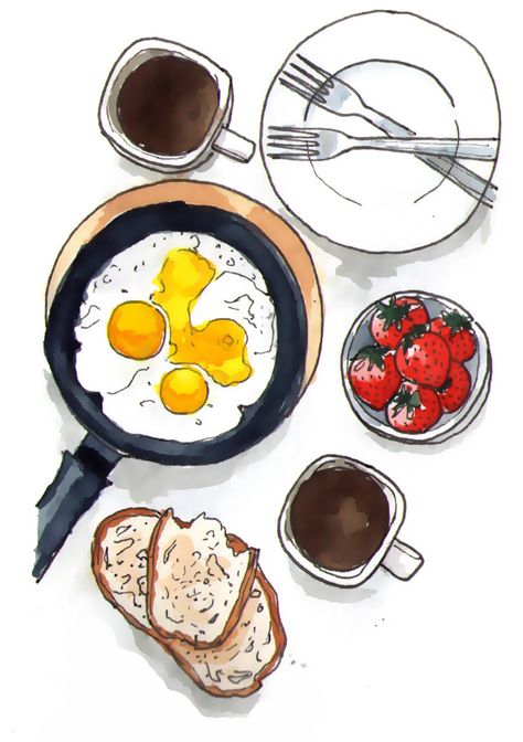 by Summer Stokes  #eggs #breakfast #toast #strawberries #coffee #brunch  #drawing  #art #painting #illustration #originalart #pen #penandink #watercolor Coffee Art Painting, Food Art Painting, Food Sketch, Food Illustration Art, Food Painting, Cat Air, 수채화 그림, Watercolor Art Lessons, Food Drawing