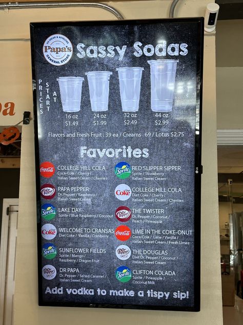 The dirty soda craze has arrived at Papa's General Store's with Sassy Sodas | Wichita By E.B. Mormon Soda Recipes, Mobile Soda Bar, Utah Soda Recipes, Soda Mixed Drinks, Gourmet Soda Recipes, Soda Combinations, Soda Shop Party, Soda Shoppe Aesthetic, Dirty Drink Recipes