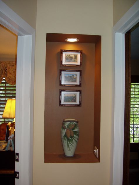 Rather than end the skinny hallway with no focal point, an art niche was added. Recessed Wall Niche Decor, Wall Nook Decorating Ideas, Wall Niche Decorating, Decorating A Niche In A Wall, Large Wall Niche, Niche Decorating Ideas, Wall Niche Decor, Stone Wall Interior Design, Wall Niche Ideas