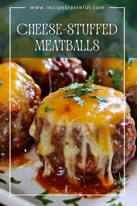 Indulge in these delicious cheese-stuffed meatballs filled with gooey mozzarella and topped with melted cheddar. Perfect for a hearty appetizer, main dish, or a tasty addition to a meatball sub. Stuffed Meatballs, Mozzarella Stuffed Meatballs, Cheese Stuffed Meatballs, Meatball Sub, Appetizer Meatballs, Skillet Dinners, Meatballs Recipe, Quick Weeknight Meals, Meatball Recipes