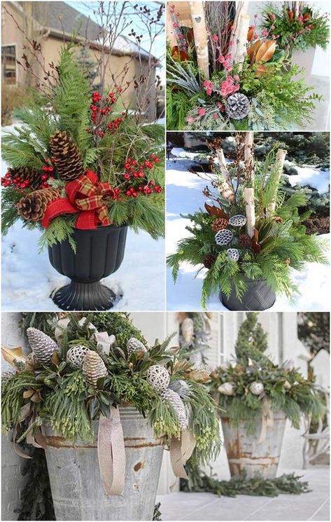 Natal, Winter Planter Ideas, Porch Planter Ideas, Winter Planters, Outdoor Christmas Planters, Christmas Urns, Holiday Planter, Gravesite Decorations, Winter Planter