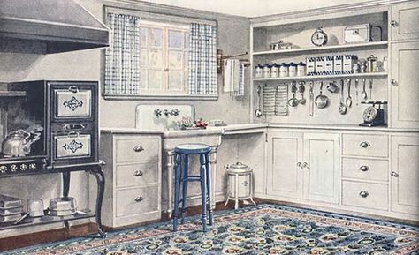 The New Look For the Kitchen is More Classic Than Ever Mission Style Kitchen Cabinets, 1920 Kitchen, Mission Style Kitchens, 1920s Kitchen, Vintage Style Kitchen, Craftsman Kitchen, 1920s House, American Kitchen, New Kitchen Designs