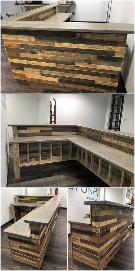 Working Garage, Desk Woodworking, Pallet Desk, Pallet Bar Diy, Bar In Casa, Basement Bar Designs, Diy Home Bar, Pallet Bar, Home Bar Designs