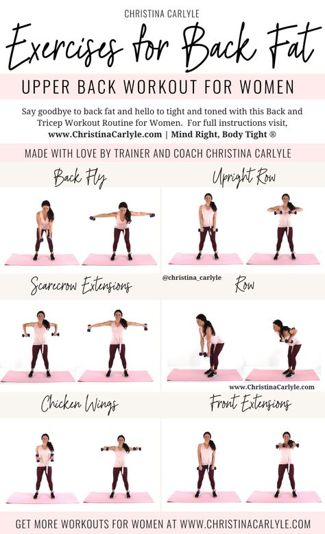 Back Fat Workout For Women that helps burn fat and tighten and tone the back by trainer Christina Carlyle. https://christinacarlyle.com/back-workout-women/ Back Workout For Women, Tricep Workout Routine, Exercises For Back Fat, Arm Workout Routine, Arm Fat Exercises, Exercises For Back, Short Workout, Beginner Pilates, Good Arm Workouts