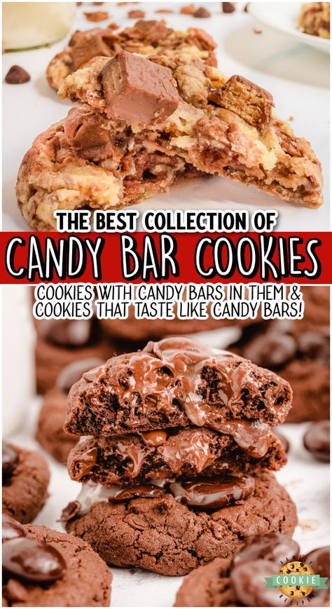 Snickers Cookies Recipes, Cadbury Mini Egg Cookies, Fudge Cookie Recipe, Almond Joys, Snickers Cookies, Candy Bar Cookies, Snickers Candy Bar, Snickers Candy, Almond Joy Cookies