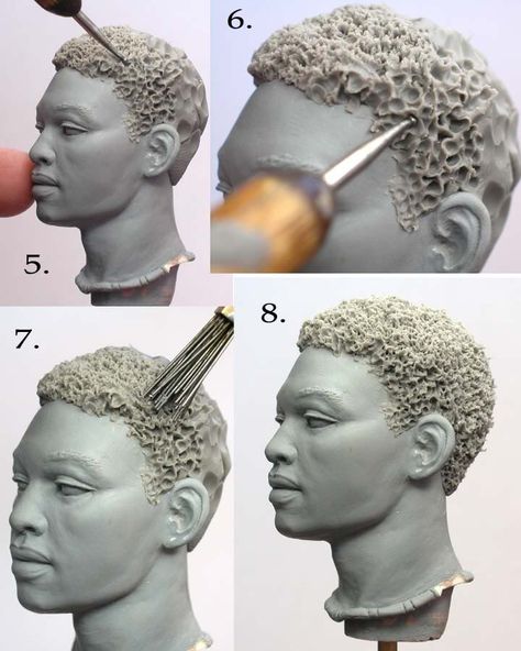 Textured hair tutorial Sculpting Tutorials, Sculpture Techniques, Sculpture Art Clay, Sculptures Céramiques, 3d Sculpture, Afro Textured Hair, Ceramic Techniques, Clay Figures, Sculpting Clay