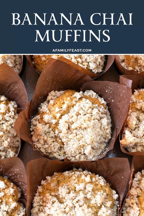 Banana Chai Muffins - A Family Feast® Spiced Banana Muffins, Chai Banana Muffins, Chai Muffins Recipe, Chai Pumpkin Muffins, Chai Muffin Recipes, Muffins Using Bananas, Banana Baking Ideas, Banana Nut Oatmeal Muffins, Morning Muffin Recipes