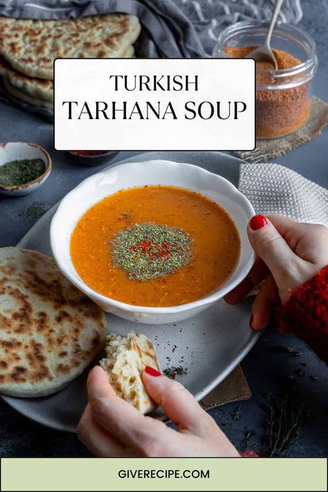 Cozy up with Tarhana Soup! This traditional Turkish dish combines fermented yogurt and sun-dried veggies for a tangy, hearty meal. Pin to explore the recipe! Tarhana Soup Recipe, Turkish Soup Recipes, Turkish Soups, Tarhana Soup, Around The World Food, Turkish Food, Hearty Meal, Weird Food, Soup And Sandwich