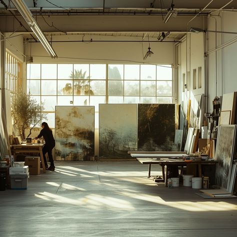 Artist's Sunny Studio: An artist's studio bathed in natural light with large canvases and paint supplies all around. #studio #artist #sunlight #canvases #painting #creativity #workspace #art #aiart #aiphoto #stockcake https://ayr.app/l/p6Wp Big Art Studio Work Spaces, Coworking Art Studio, University Art Studio, Nyc Art Studio, Painting Art Studio, Professional Art Studio, Art Studio Warehouse, French Art Studio, Warehouse Art Studio