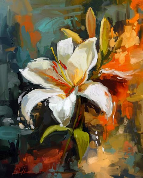 Lilies Drawing, Lily Painting, Digital Oil Painting, Beautiful Painting, Arte Inspo, Sketchbook Art, Oil Painting Flowers, A Level Art, White Lilies