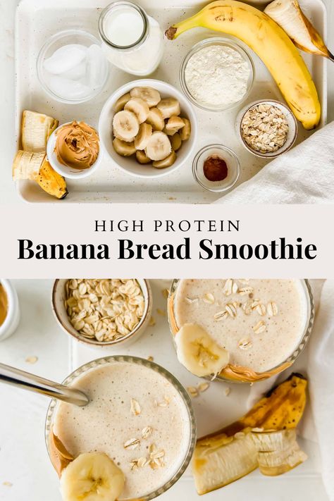 Thick, creamy, and practically indulgent. This Banana Bread Protein Smoothie tastes like your favorite, rich banana bread blended into a sippable form, but is really packed with nutrients and protein that’ll make you feel good from the inside out. Banana Protein Smoothie Recipe, Banana Nut Protein Shake, Banana Bread Protein Shake, Protein Smoothie Recipes Without Powder, Smoothie Recipes With Protein Powder, Pb2 Protein Shake, Smoothies With Protein Powder, Protein Rich Breakfast Ideas, Banana Nut Smoothie