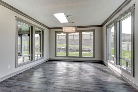 Remodeling our screened porch into this sun room. Stained Wood Trim, Trim Paint Color, Trim Paint, Color Room, Dark Trim, Colored Trim, House Trim, Repose Gray, Gray Trim