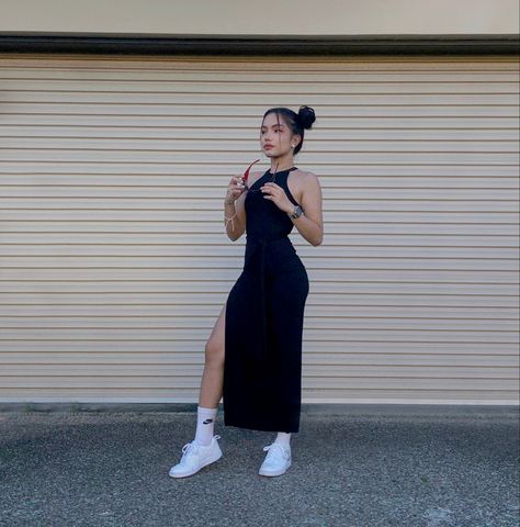 Dress And Nike Sneakers Outfit, Maxi Dress Outfit With Sneakers, Nike With Dress Outfit, Dress And High Top Sneakers Outfit, Bodycon Dress Sneakers, Dress With Nikes, Long Dress And Sneakers Outfit, Formal Dress With Sneakers, Black Bodycon Dress Outfit