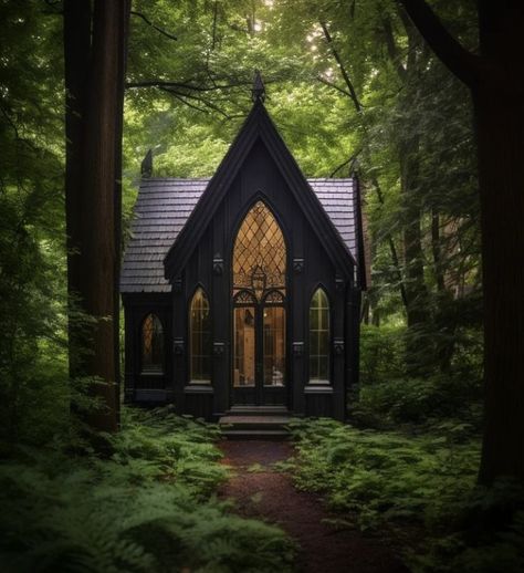 Tiny House Gothic Style, Black Gothic House Exterior, Gothic Tiny Home, Gothic She Shed, Witchy Tiny House, Goth Tiny House, Small Gothic House, Gothic Cabin, Witchy Homes