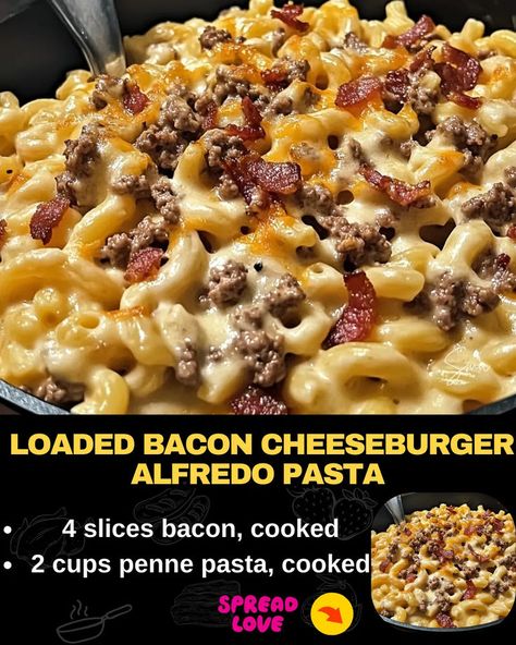 Loaded Bacon Cheeseburger Alfredo Pasta Dinner Ideas Aesthetic, Fall Dinner Ideas, Beef Pasta Recipes, Cheeseburger Pasta, Pasta Recipes Alfredo, Fast Dinner Recipes, Peanut Chicken, Pasta Ingredients, Pasta Dinners