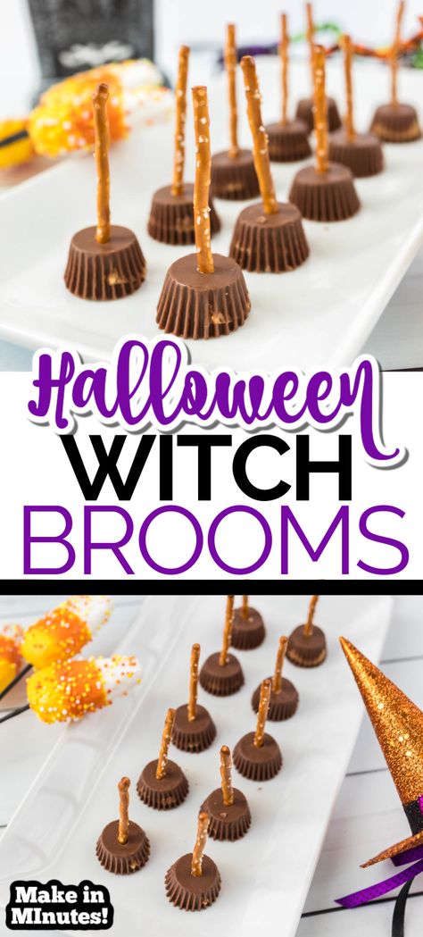 Check out these extremely easy-to-make Halloween Witch Broom Pretzels. Serve these tasty treats at your next Halloween party. #PretzelTreats #Halloween #HalloweenParty #PartyTreats Halloween Witch Brooms Food, Halloween Witch Broom Snack, Pretzel Witches Broom, Pretzel Stick Witches Broom, Easy Desserts For Halloween Party, Halloween Witches Broom Treats, Witches Brooms Snack, Pretzel Witch Brooms, Halloween Witch Snacks