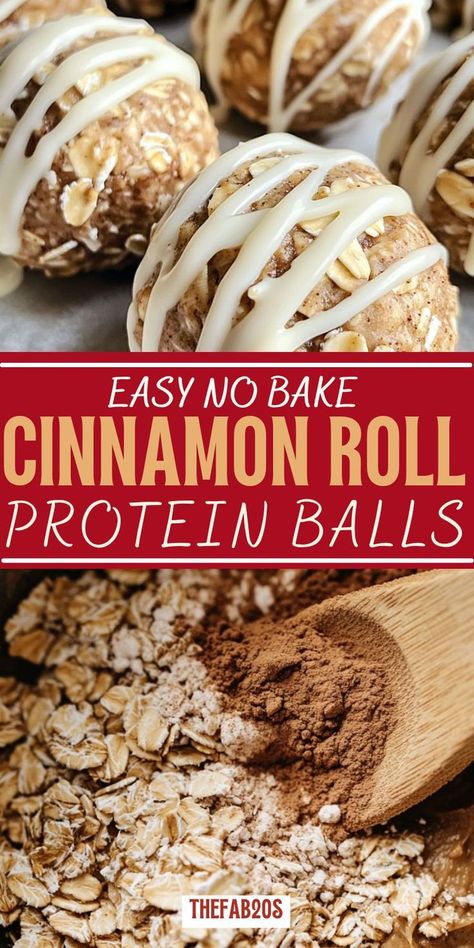 No-bake cinnamon roll protein balls drizzled with white chocolate, made with oats and almond butter, perfect for a healthy, peanut butter-free snack. Peanut Butter Oats Protein Balls, Protein Bites Healthy, Cinnamon Roll Energy Bites, High Protein Balls No Bake, Vanilla Protein Balls No Bake, Cinnamon Roll Energy Balls, Cinnamon Roll Protein Balls, Protein Balls With Oats, Healthy Protein Snacks For Kids