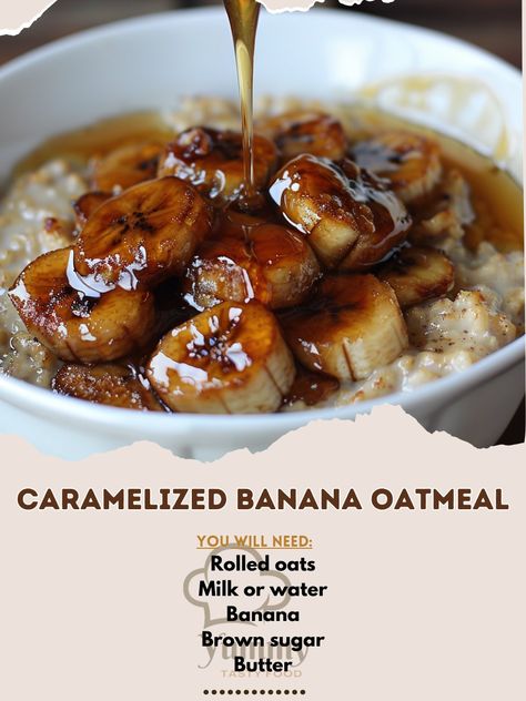 🍌🥣 Start your day with our Caramelized Banana Oatmeal! #HealthyBreakfast #OatmealLovers Caramelized Banana Oatmeal Ingredients: Rolled oats (1 cup) Milk or water (2 cups) Banana (1, sliced) Brown sugar (1 tbsp) Butter (1 tbsp) Cinnamon (1/2 tsp) Honey (for drizzling) Instructions: Cook oats with milk or water as per package instructions. In a pan, melt butter, add bananas and brown sugar. Cook until caramelized. Serve oatmeal topped with caramelized bananas and a drizzle of honey. 🍯🍌 This... Oatmeal Ingredients, Oats With Milk, Caramelized Banana, Caramelized Bananas, Banana Oatmeal, Oat Milk, Breakfast Time, Rolled Oats, 2 Cups