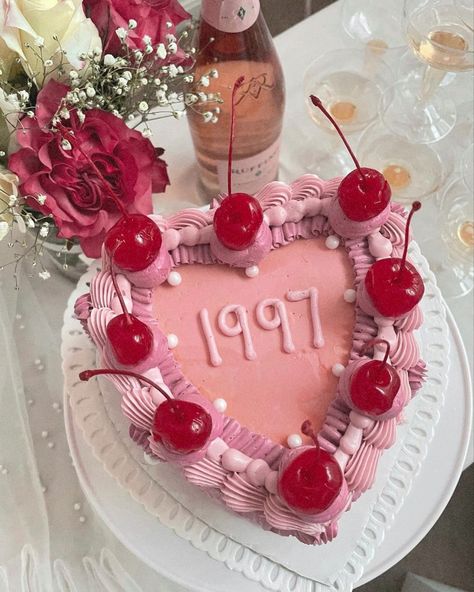 vintage inspired cake, heart cake, cherry, pink, girly, coquette, 1997, birthday 1997 Birthday, Heart Birthday Cake, Cake Cherry, Cake Heart, Girly Coquette, Heart Birthday, Cherry Cake, Heart Cake, Vintage Inspired