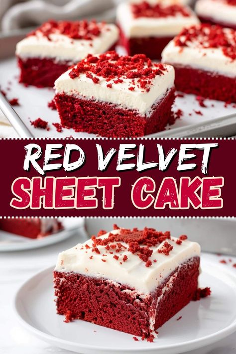 This red velvet sheet cake features a moist crumb with subtle cocoa flavor. Add a layer of rich cream cheese frosting, and I can't resist a second slice. Red Velvet Sheet Cake Recipe, Red Velvet Sheet Cake, Red Velvet Cake Recipe, Velvet Cake Recipes, Sheet Cake Recipes, Brownie Cake, Cake With Cream Cheese, Cake Roll, Cake Frosting