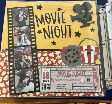 Picture Book Scrapbook, Movie Themed Scrapbook Page, Movie Date Scrapbook Page, Scrapbook Cover Page Ideas School, Teenage Scrapbook Bereal, Movie Night Scrapbook Page, Group Scrapbook Ideas, Scrapbook Creative Ideas, Memory Book Inspiration