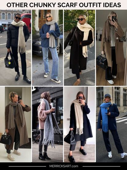 Chunky scarves are back, but not how we styled them 10 years ago. Here are chunky scarf styling tips! Did you own a big, blanket scarf back in the day? Well, a version of that is back, but in a more neutral way. Today I will cover the chunky scarf trend and share some styling tips for you to incorporate this into your winter wardrobe. Chunky Scarf Styling Tips There are lots of ways to style scarves, but here are 5 ways that are easy, work with big scarves, keep you warm, and don’t… How To Style Big Scarf, Big Scarf Outfit Chunky Scarves, Chunky Scarf Outfit, Big Scarf Outfit, Silk Scarf Styling, Scarf Outfit Winter, How To Wear A Blanket Scarf, Scarf Styling, Big Blanket