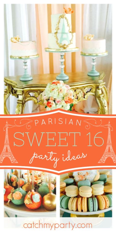 Feast your eyes on this impressive Parisian-themed sweet 16 birthday party! The dessert table is wonderful! See more party ideas and share yours at CatchMyParty.com  #catchmyparty #partyideas #paris #sweet16 #girlbirthdayparty #vintageparty Parisian Sweet 16, Paris Themed Sweet 16, French Themed Birthday Party, Woodstock Outfit, French Themed Birthday, Vintage Sweet 16, 16 Party Ideas, Sweet 16 Party Ideas, Parisian Birthday