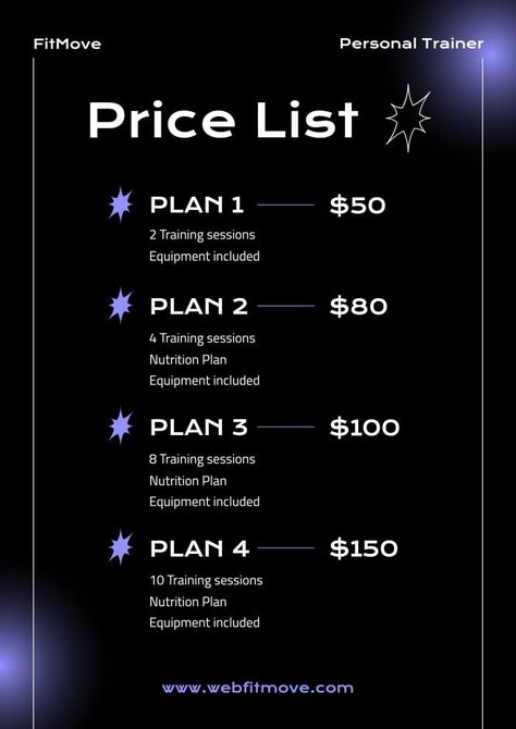 Futuristic FitMove Personal Trainer Price Price List Personal Trainer Price List Design, Personal Trainer Graphic Design, Personal Trainer Poster, Gym Price List Design, Personal Training Studio Design, Online Personal Training Business, Gym Marketing, Personal Trainer Marketing, Fitness Infographic