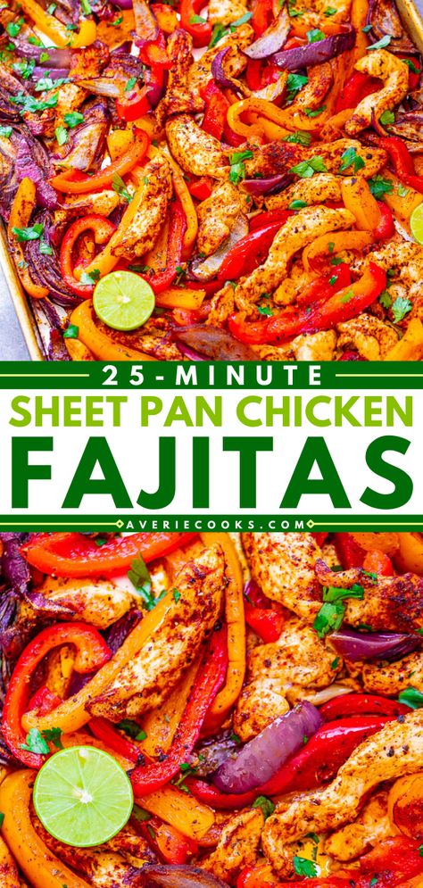 25-Minute Sheet Pan Chicken Fajitas - Averie Cooks Easy Chicken Fajita Recipe, Baked Fajitas, Verde Chicken Enchiladas, Pan Chicken Breast, Sheet Pan Fajitas, Salsa Verde Chicken Enchiladas, Sheet Pan Chicken Fajitas, Easy Skillet Chicken, Baked Chicken Fajitas