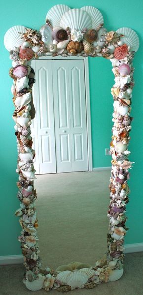 DIY Shell Mirror Purchased shells from Michael's and other craft stores.  Used 40% off coupons and spent approximately $60 in shells.  I already had the wood framed mirror.  I did use a TON of hot glue and spent many hours on this but I am very happy with how it turned out!  This was made for my daughter's Mermaid / Beach themed room! Little Mermaid Bedroom, Mermaid Decor Bedroom, Strand Decor, Ocean Bedroom, Mermaid Bathroom Decor, Mermaid Bedroom, Ocean Room, Beach Themed Bedroom, Mermaid Bathroom