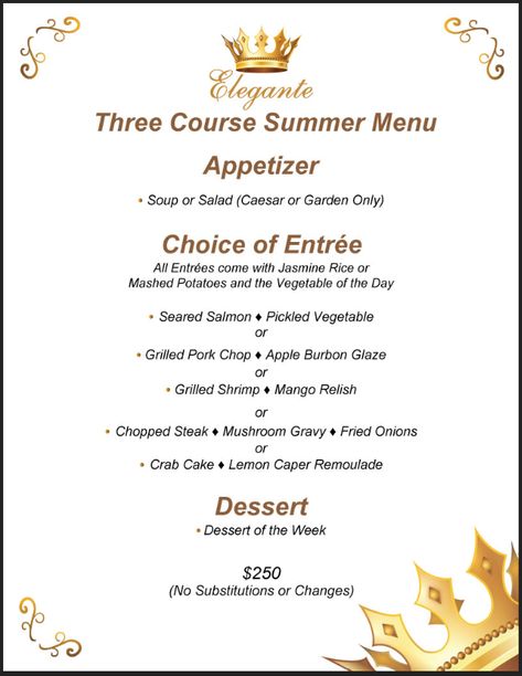 Elegante's Three Course Summer Menu comes out May 8th Three Course Menu Design, Three Course Meal Ideas Dinners, 3 Course Meal Menu Ideas, 3 Course Dinner Menu Ideas, Three Course Meal Ideas, Breakfast Menu Ideas, 3 Course Dinner, Summer Dinner Party Menu, 7 Course Meal